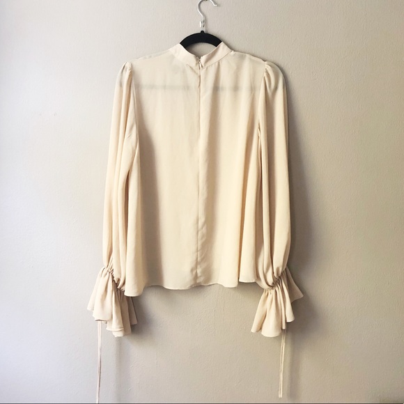 SOLD- Sheer blush nude mockneck gathered sleeve top - Picture 2 of 7